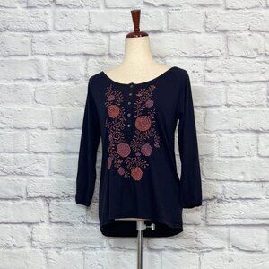 Garnet Hill Black Cotton Blend Floral Embroidered Top